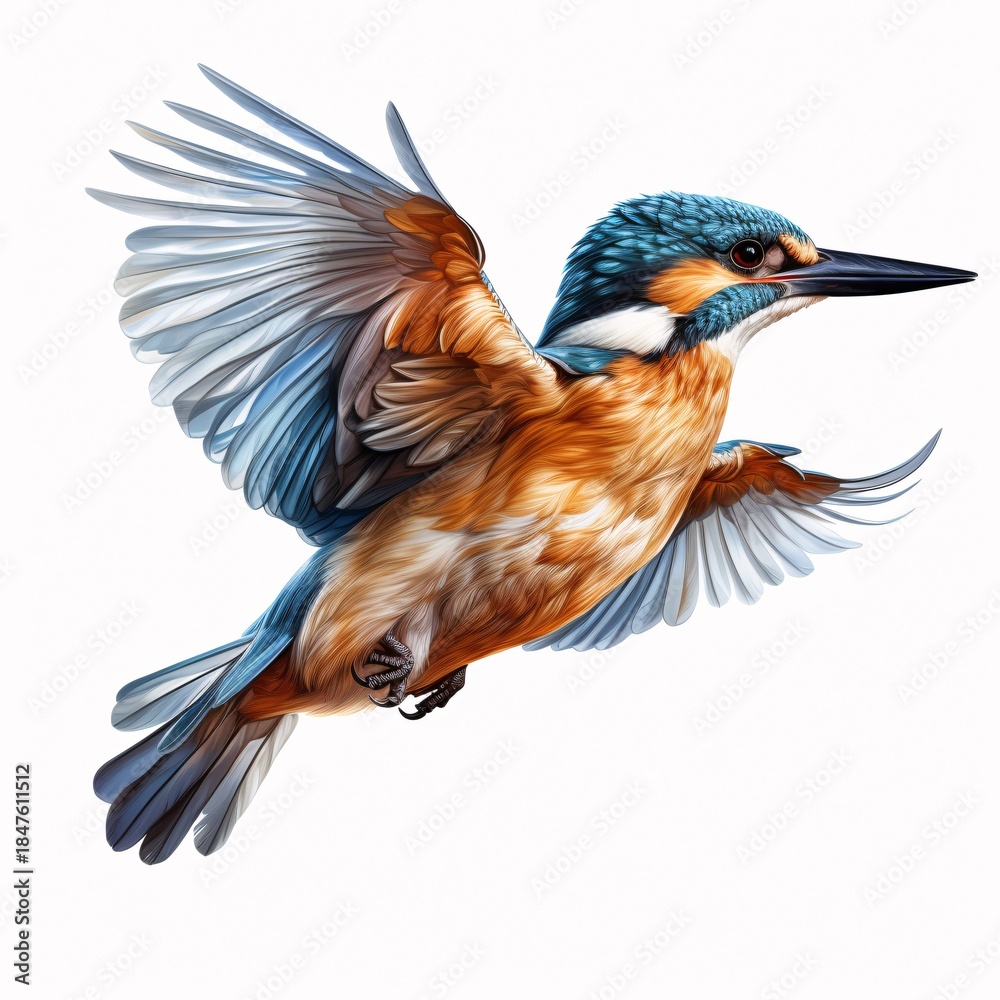Fototapeta premium Common kingfisher soars through the air on a white background