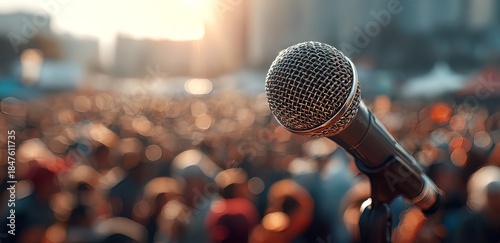 Microphone in front of crowd at event. High quality