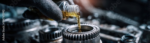 A hand holds a bottle and pours oil onto a gear in a machine shop. The setting is busy and focuses on maintenance for machines to work properly and efficiently