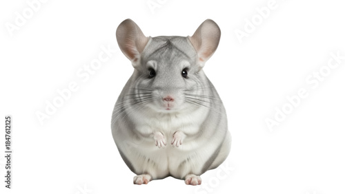 Isolated Chinchilla pet rodent in studio, adorable big-eared animal, cute fur, small hands