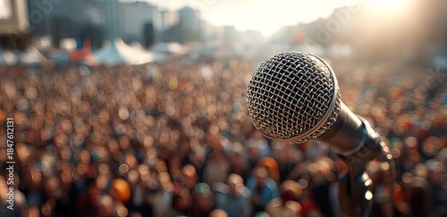 Microphone in front of crowd at event. High quality