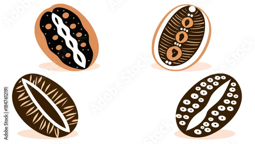 Playful and whimsical illustration featuring charming imaginary coffee beans with expressive faces, adding fun to creative projects. | Editable EPS vectors.