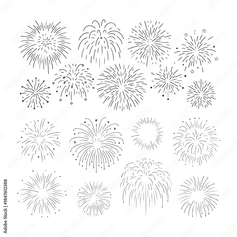 Obraz premium A collection of hand drawn doodle style fireworks bursts in different shapes and sizes