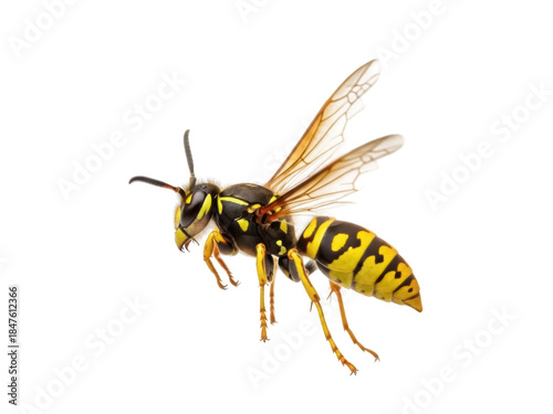Isolated yellow jacket wasp close-up, an insect with black and yellow stripes on its abdomen