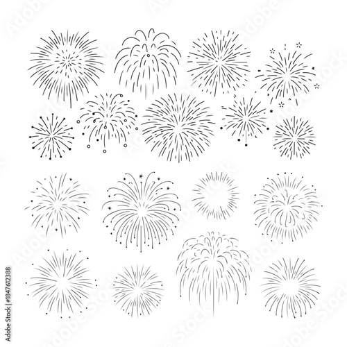 A collection of hand drawn doodle style fireworks bursts in different shapes and sizes