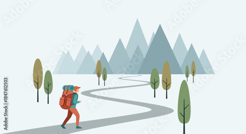 Hiker Walking on Winding Path Mountain.