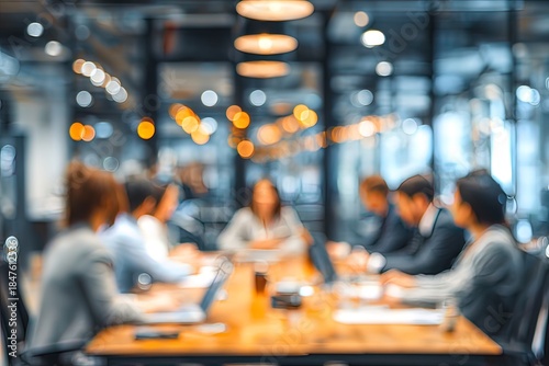 Blur office meeting blurred background with business people working group in boardroom discussion for teamwork brainstorming, executive seminar or professional training in small startup enterprise