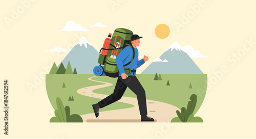 Hiker with Backpack Walking on Trail.