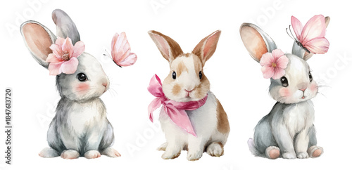 Set of watercolor Easter bunnies with spring flowers, butterflies and bows. Collection of cute bunny cliparts. Cute animals for Easter and spring designs.