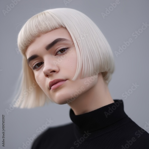 Studio portrait of woman with platinum white blonde bob haircut and blunt bangs wearing black turtleneck on gray background, modern hair beauty concept
