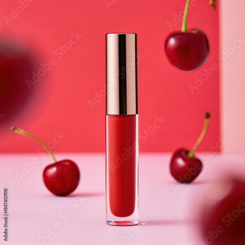 Red lip gloss tube with golden cap surrounded by fresh cherries on pink background, vibrant cosmetic product photography for beauty advertising
