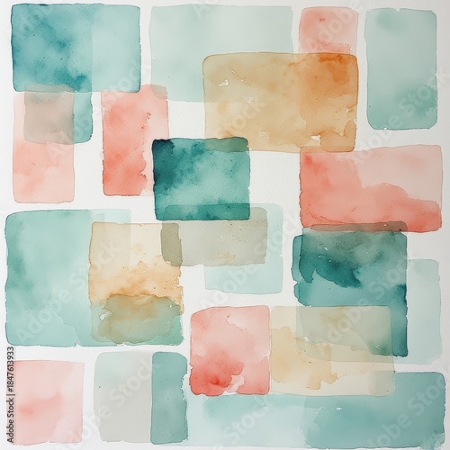 Abstract watercolor composition of overlapping rectangles in pastel teal, pink and peach tones on white background, geometric hand-painted pattern for design
