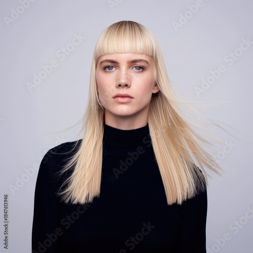 Studio portrait of woman with long straight platinum blonde hair and blunt bangs wearing black turtleneck on light gray background, sleek hair beauty concept
