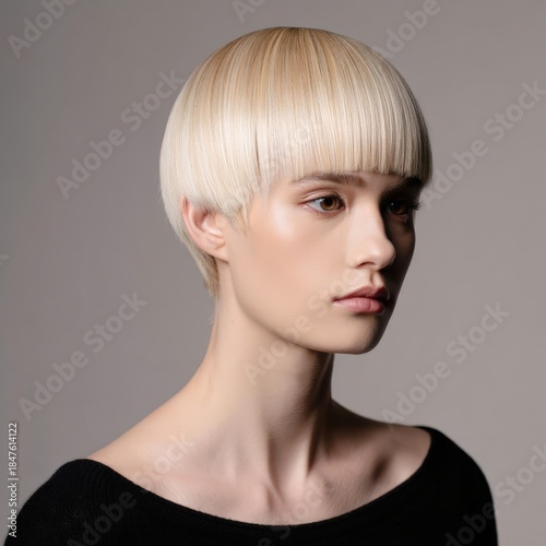 Studio portrait of woman with sleek platinum blonde bob haircut and straight bangs on gray background, modern hairstyle and beauty fashion concept
