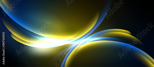 Abstract design features flowing shapes, vibrant blue, gold hues. Bright central light creates dynamic visual impact. Smooth gradients dominate composition.