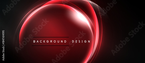 Abstract red design features glowing circular layers. Dark background emphasizes bright, curved lines. Modern aesthetic.