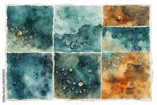 Set of six abstract watercolor textures in teal, turquoise and rust tones with bubbles and speckles, artistic hand-painted backgrounds for design
