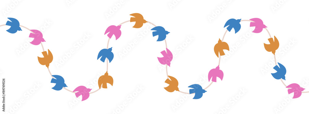 Naklejka premium Bird-shaped holiday garland. Twisted wavy decorative line, string with flying doves, hanging ornament. Festive Christmas decor, adornment. Flat vector illustration isolated on white background
