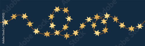 Star shaped light garland. Glowing starry decoration for Christmas and New Year, holiday illumination. Festive decor, hanging twinkling string. Xmas ornament, adornment. Flat vector illustration