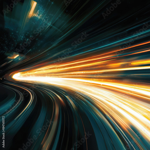 The concept of light in warped space. A blurred illustration of high-speed movement, a rapid flow in flashes of light.