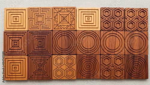 Wooden Tiles with Geometric Patterns and Textures.