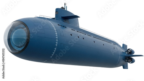 Isolated blue exploration submarine with observation dome, concept of underwater vehicle