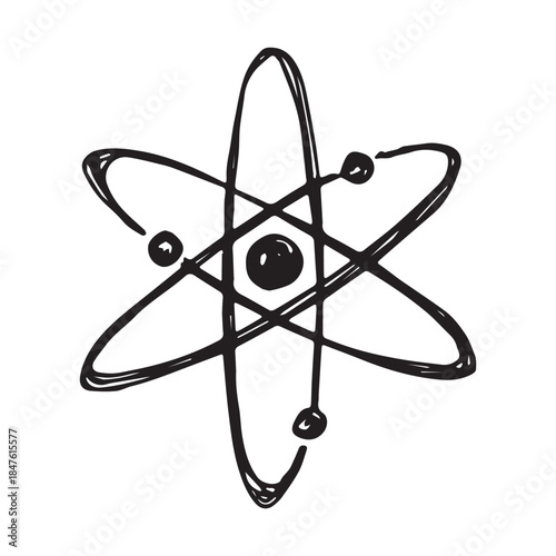 Hand drawn atom sign Molecule clipart in doodle style Single element for print, web, design, decor Symbol of science, education, nuclear energy, scientific research, molecular chemistry