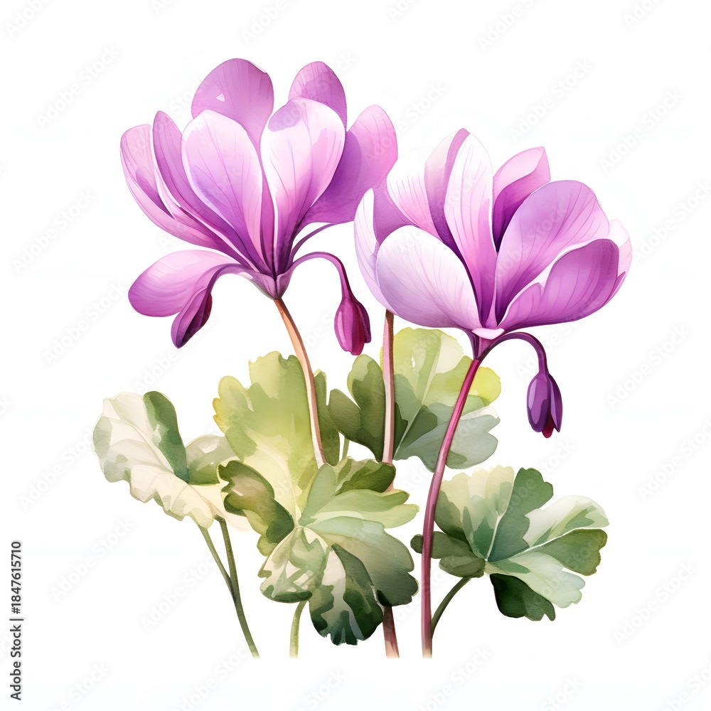Obraz premium Watercolor painting of delicate cyclamen flowers with green and cream colored leaves on white background