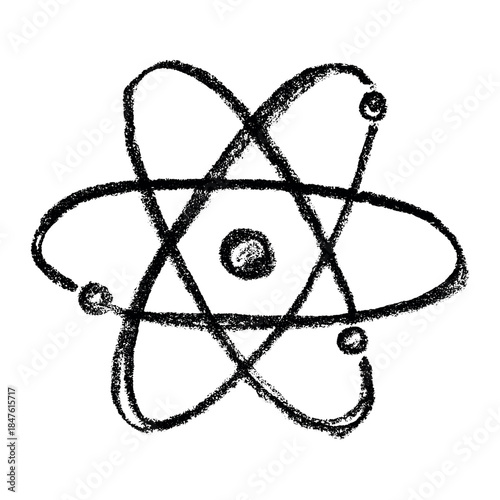 Hand drawn atom sign Molecule clipart in doodle style Single element for print, web, design, decor Symbol of science, education, nuclear energy, scientific research, molecular chemistry