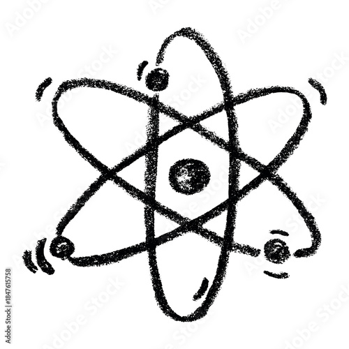 Hand drawn atom sign Molecule clipart in doodle style Single element for print, web, design, decor Symbol of science, education, nuclear energy, scientific research, molecular chemistry