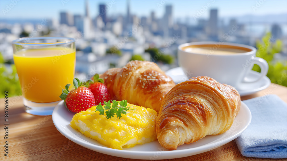 Obraz premium Continental breakfast on an outdoor terrace with croissant, scrambled eggs, berries, orange juice and coffee, overlooking a city skyline. Travel lifestyle morning with copy space.