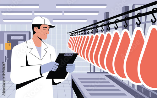 A quality control inspector examines hanging meat products in a food processing facility