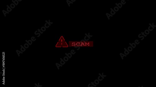 A high-impact digital featuring a scam alert symbol with exclamation mark, and system vulnerabilities data protection.Cyber security awareness on black background.