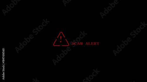 A high-impact digital featuring a scam alert symbol with exclamation mark, and system vulnerabilities data protection.Cyber security awareness on black background.