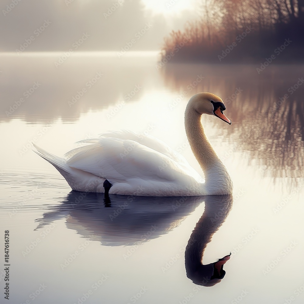 Fototapeta premium Elegant white swan on calm misty lake, serene water reflection, peaceful nature wildlife scene in soft morning light