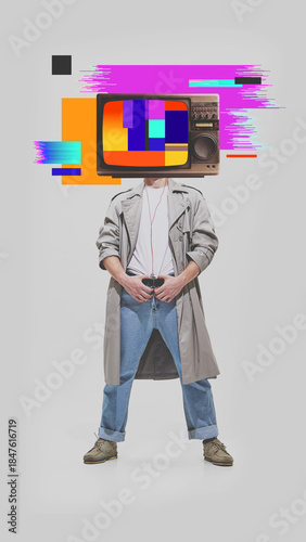 Fotografie Digital collage of man with television head and fragmented color signals