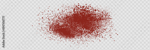 Red pepper powder. Paprika spice splatters on transparent background. Grainy scatterings of paprika or chilli spice. Vector realistic illustration. Eps 10