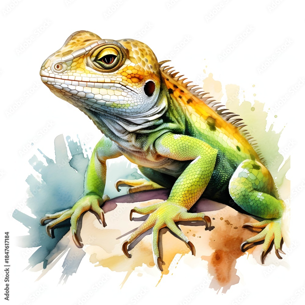 Obraz premium Watercolor painting of a vibrant iguana perched on a neutral surface