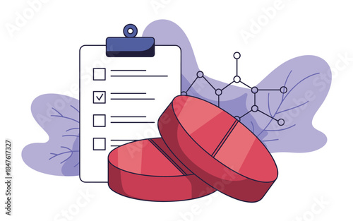Medical checklist with pills on a clean background