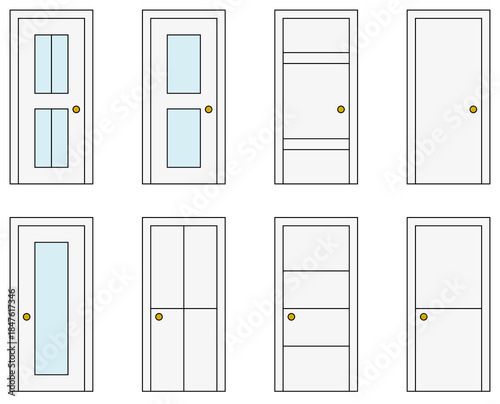 Interior door designs vector set with panel and glass options