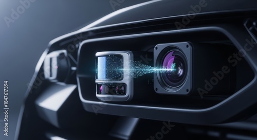 Futuristic autonomous vehicle sensor array integrated into a sleek matte black bumper.