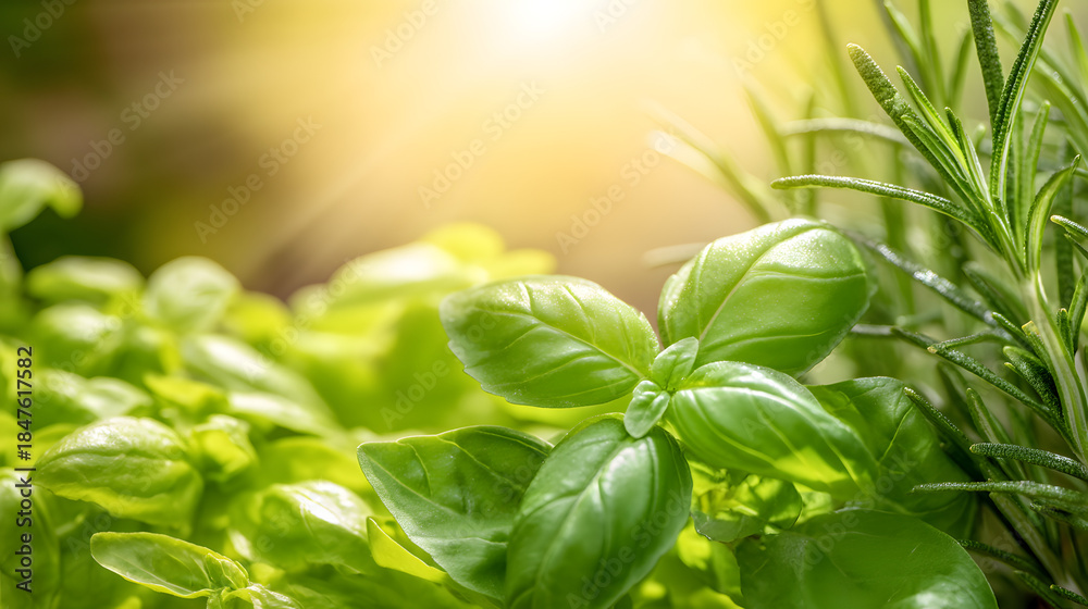Obraz premium Fresh Herbs Garden Scene: Capturing the vibrant beauty of a lush herb garden, showcasing fragrant basil leaves and other herbs in bright sunlight.