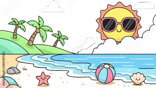 Cartoon Sunny Beach Scene with Palm Trees, Ocean Waves, and Sun Wearing Sunglasses