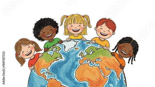 Happy Diverse Children Embracing Earth Globe, Isolated White Background