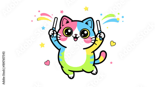 Cute colorful cartoon cat character with bright pink and blue eyes, holding two glowing light sticks, surrounded by playful stars and hearts, on an isolated white background