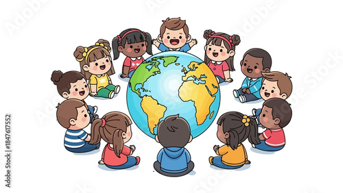 Diverse group of happy children sitting peacefully around a globe, engaged in learning and discussion in a colorful cartoon style, on an isolated white background