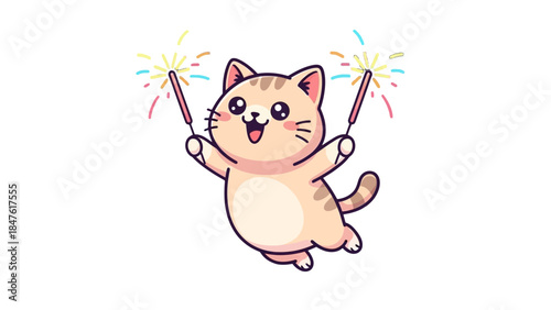 Cute happy cartoon cat character joyfully holding two sparkling fireworks, surrounded by colorful stars and hearts, celebrating with excitement on an isolated white background
