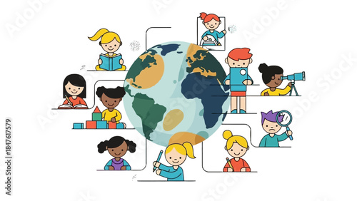 Diverse group of children learning and exploring around a globe, engaged in various educational activities in a colorful cartoon style, on an isolated white background