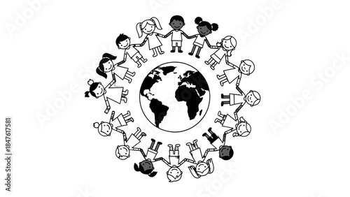 Black and white silhouette of diverse children holding hands around the globe, symbolizing global unity, peace, and cultural diversity on an isolated white background