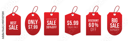 Red paper price tag design. Sales label template. Vector illustration